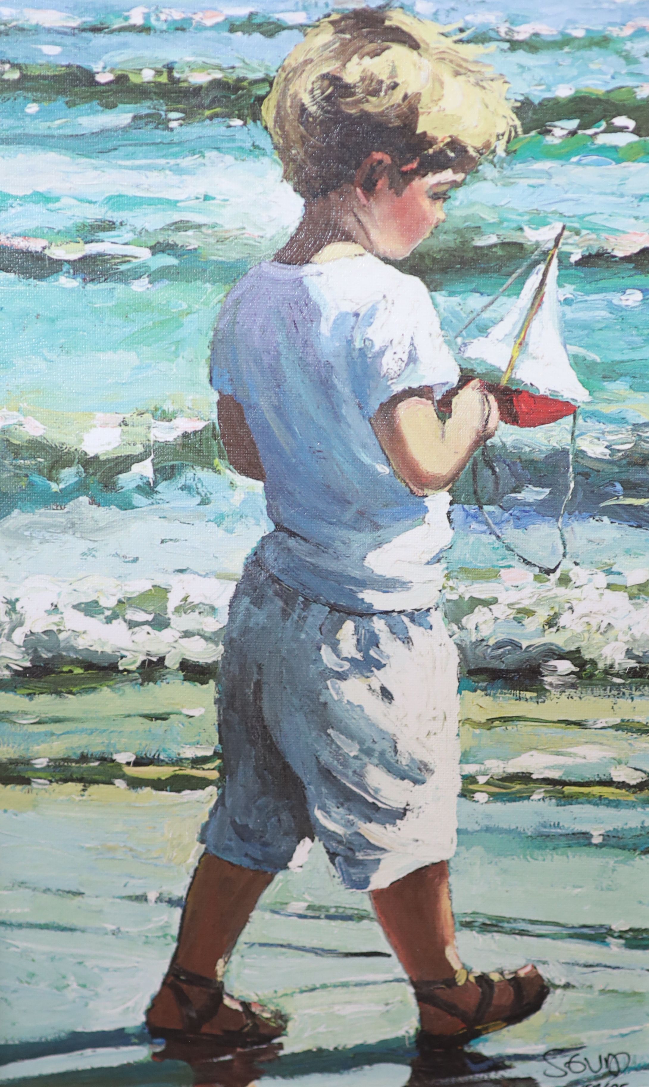 Sherree Valentine Daines, hand embellished canvas, The Red Toy Boat, 157/195, with COA, 39 x 24cm.
